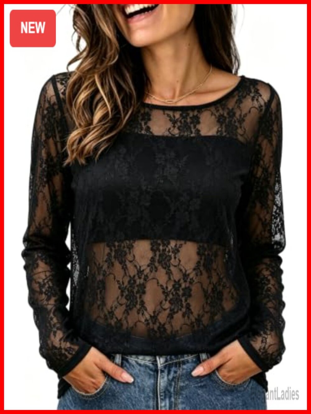 Lace Mesh Long Sleeve Sheer T-Shirt Loose Fit Top for Women